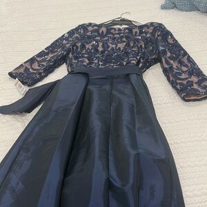 dress Top: Taupe w/ navy lace + sequins, bottom is navy satin size 12